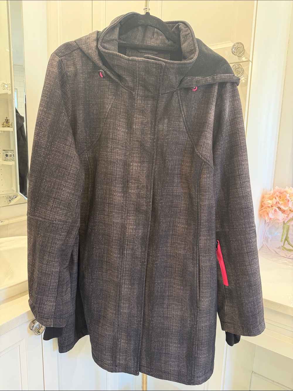Women's Gray Hooded Coat with Pink Accents